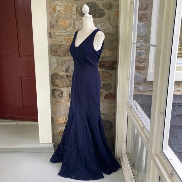Eliza J Navy Blue Laguna Lace Inset Trumpet Crepe Gown Size 10 $208 - Picture 6 of 12